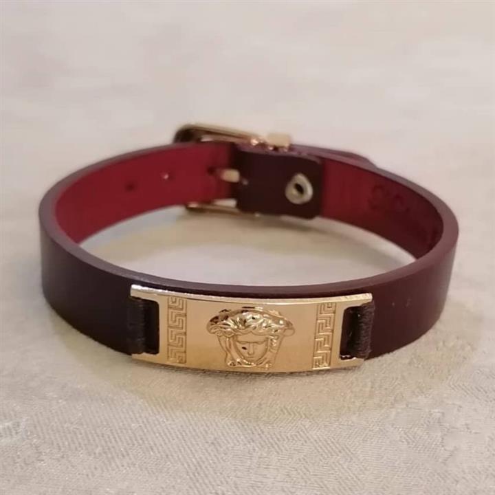 دستبند مردانه چرم طبیعی عنابی تیره طرح رخ ورساچه ماداماس وزن 12 گرم